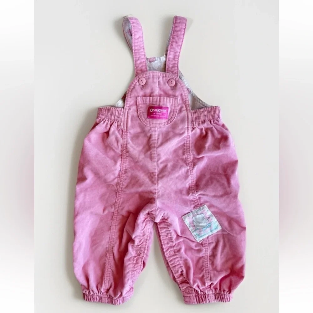 Vintage 90s Osh Kosh B'Gosh Girls Pink Overalls Elephant Corduroy USA Size 24 M
